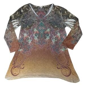 Reba Women’s Top L Large Boho‎ Fairy Paisley Ombre Tunic Shirt Glitter Long